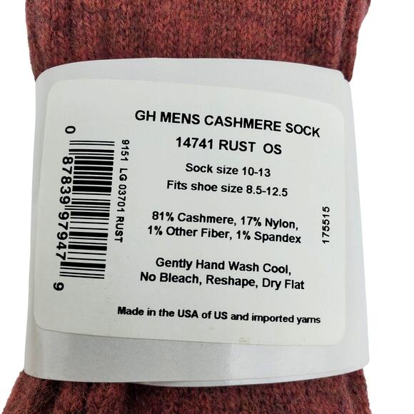 Mens Ribbed 81% Cashmere Mid Calf Socks 10-13 Warm Cozy Garnet Hill Luxury Rust - Picture 4 of 6